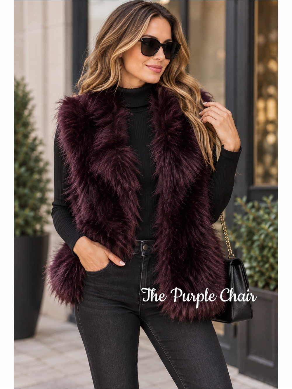 CI SONO Deep Plum Burgundy Sleeveless Faux Fur Vest M